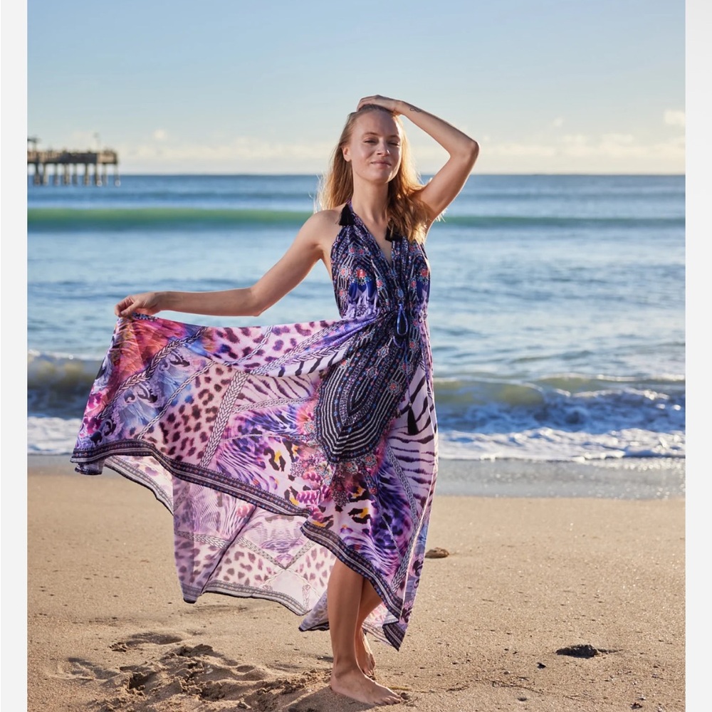 Ranee’s 691 Pink Purple Halter Printed Maxi Coverup Resort Swim Animal Dress - Picture 4 of 11